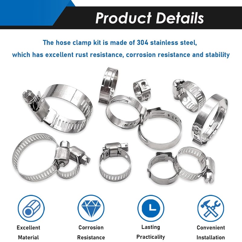 Eoppen 200Pcs 19 Sizes 304 Stainless Steel Single Ear Hose Clamp with Ear Clamp Pincer 5.3-33.1mm & Adjustable 1/4Inch - 2Inch(6-51mm) Hose Clamp Assortment Kit for Automotive, Plumbing, Fuel Line - Image 5
